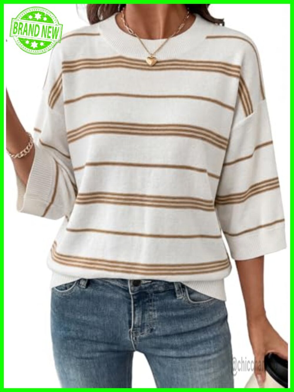 Women's Oversized 3/4 Sleeve Striped Knit Sweater Pullover